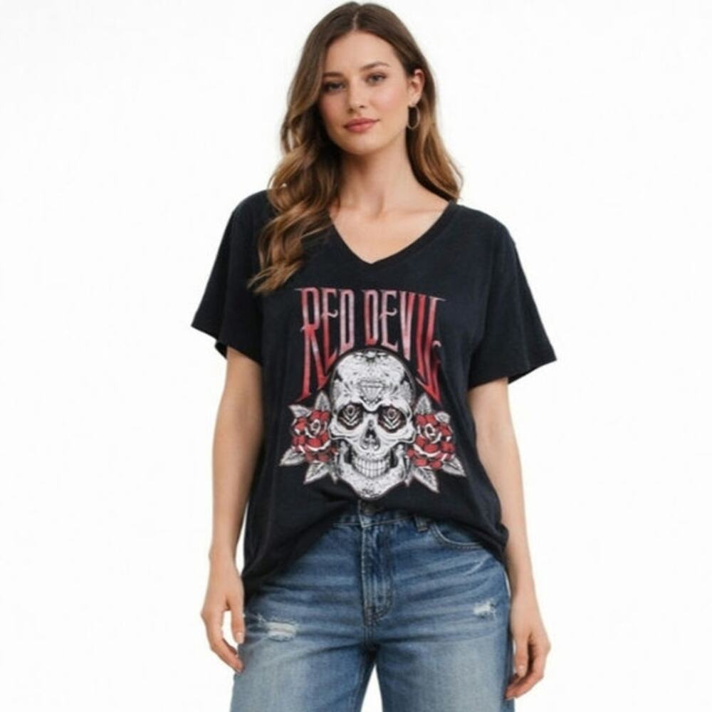Red Devil Roses For The Dead V-Neck T-Shirt Women's Size XL Gothic Rockabilly